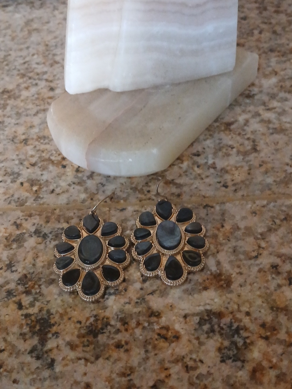 Gold-Tone Floral Drop Earrings with Black Stone Accents
